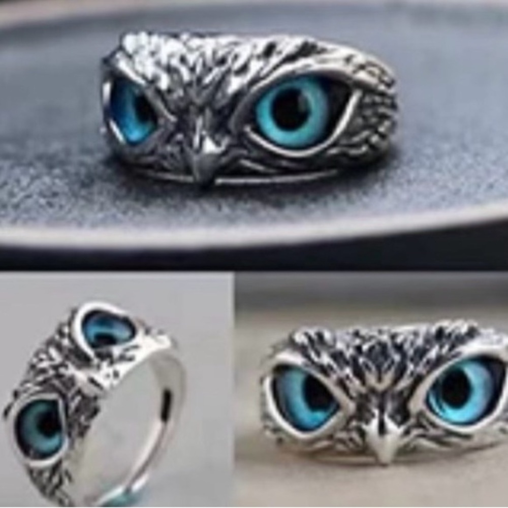 Blue and Silver Owl Face Ring Jewelry​